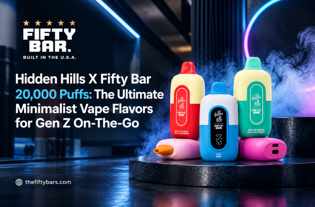Explore the Hidden Hills X Fifty Bar 20,000 Puffs vape. Discover all minimalist, high-puff flavors built for Gen Z vapers on the go.